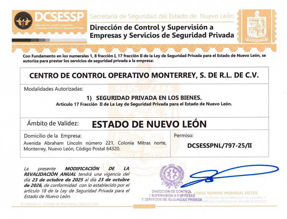 Constancia Permiso SSPE de Nuevo León CECOPS — Centro de Control Operativo Monterrey